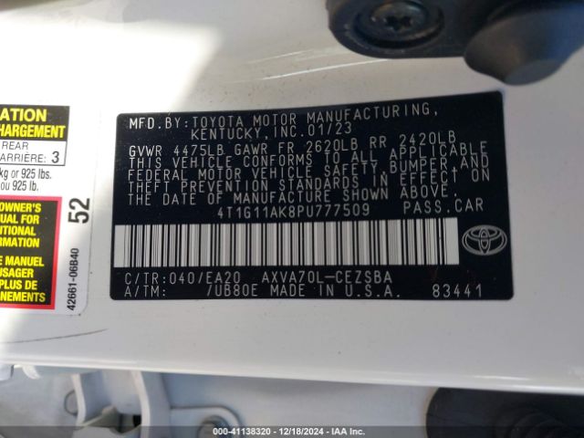4T1G11AK8PU777509 Toyota CAMRY SE