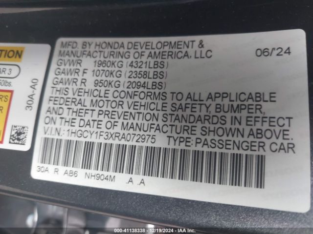 1HGCY1F3XRA072975 Honda ACCORD EX