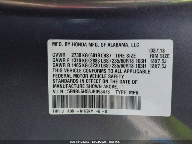 5FNRL6H58JB098473 Honda ODYSSEY EX