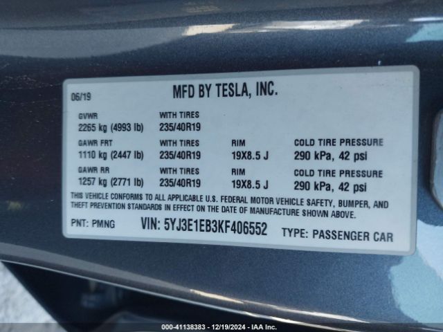 5YJ3E1EB3KF406552 Tesla Model 3 Long Range/performance