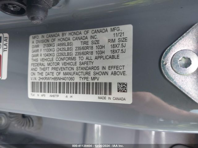 2HKRW1H85NH401060 Honda Cr-v 2wd Ex-l