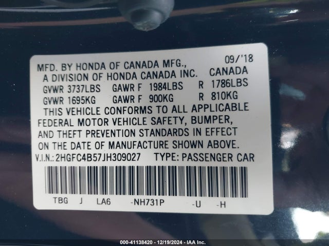 Honda Civic Lx 2018 2HGFC4B57JH309027 Image 9