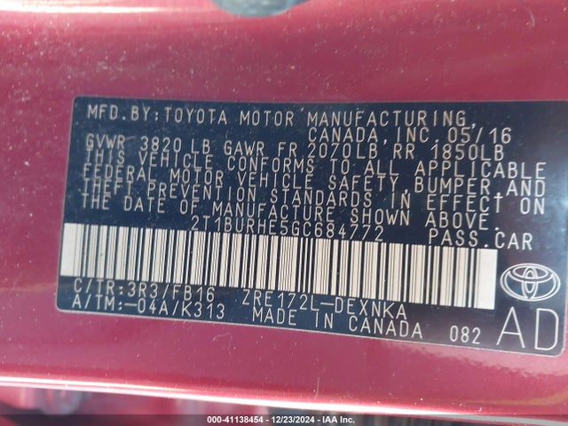 Toyota COROLLA LE 2016 2T1BURHE5GC684772 Image 9