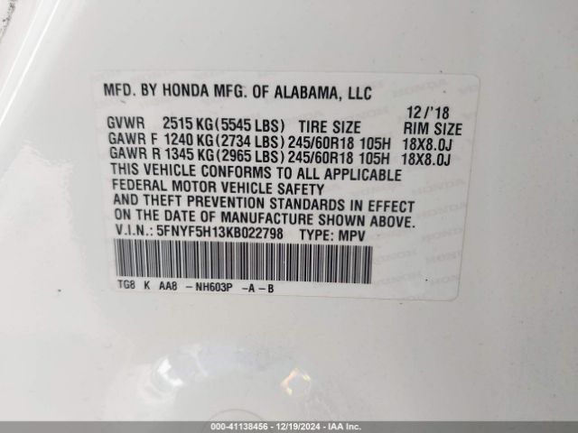 5FNYF5H13KB022798 Honda PILOT LX