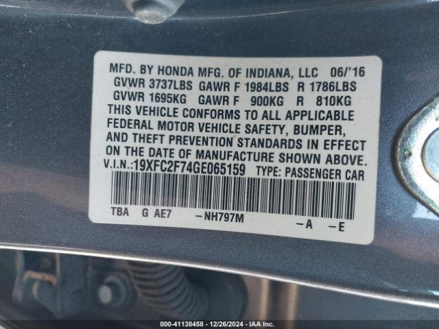 2016 HONDA CIVIC 19XFC2F74GE065159 Photo 8