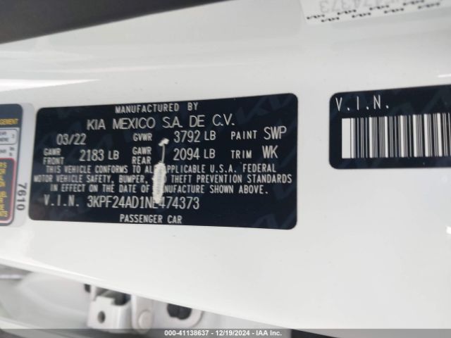 3KPF24AD1NE474373 KIA Forte Lxs