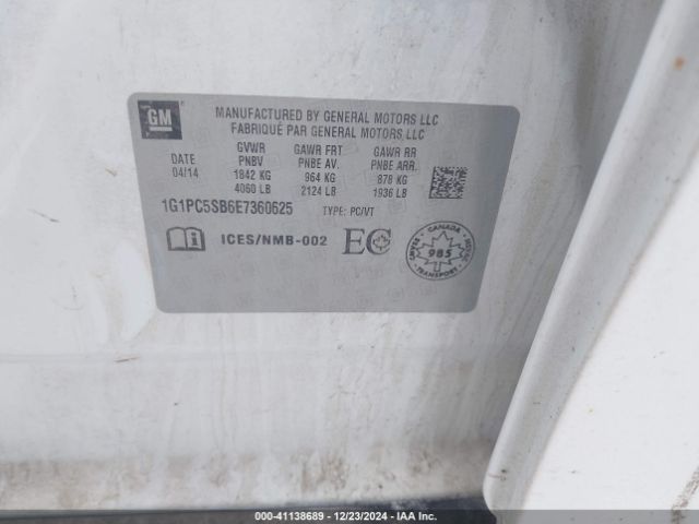 1G1PC5SB6E7360625 Chevrolet Cruze 1lt Auto