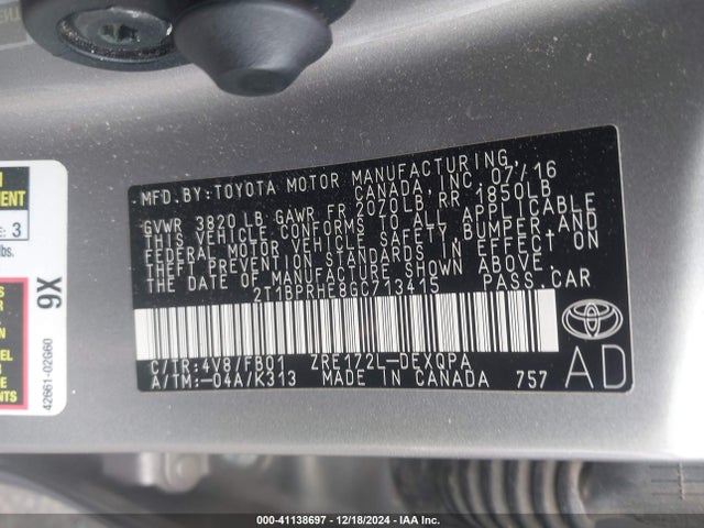 Toyota Corolla Le Eco 2016 2T1BPRHE8GC713415 Image 9