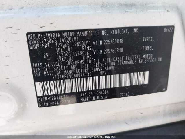 4T3T6RFV0NU078736 Toyota Rav4 Hybrid Se