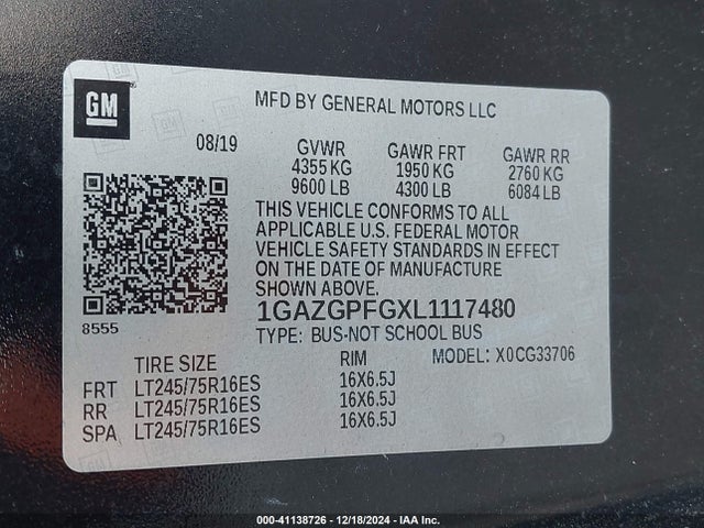 1GAZGPFGXL1117480 Chevrolet Express Passenger Rwd 3500 Extended Wheelbase Lt