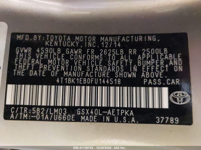 4T1BK1EB0FU144518 Toyota AVALON LIMITED
