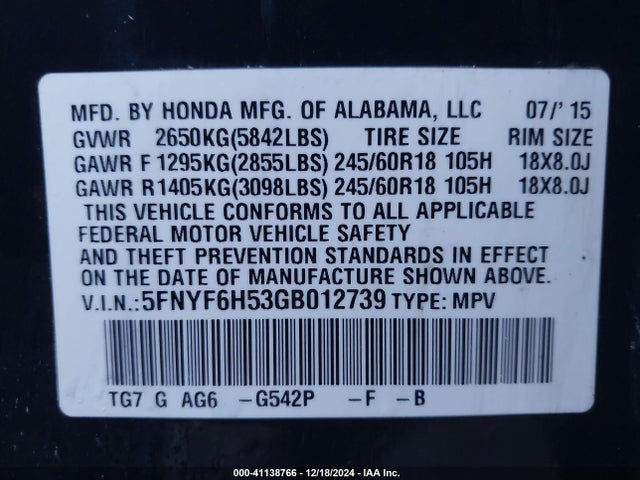 Honda Pilot Ex-l 2016 5FNYF6H53GB012739 Image 9