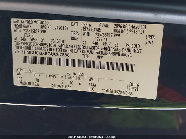 Ford ESCAPE SE 2016 1FMCU0GX8GUC67888 Image 9