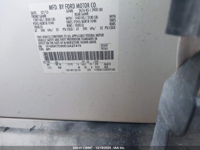 Ford EXPLORER XLT 2014 1FM5K7D90EGA27419 Image 9