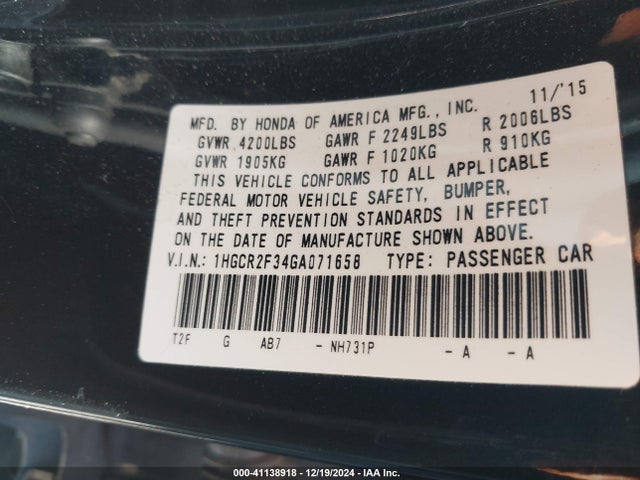 Honda ACCORD LX 2016 1HGCR2F34GA071658 Image 9