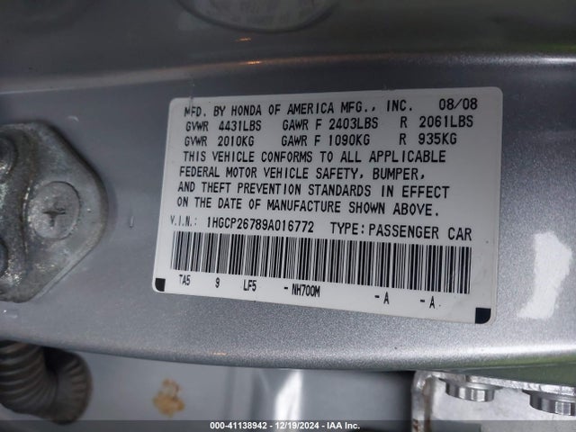 2009 Honda Accord 2.4 Ex მანქანა იყიდება აუქციონზე, vin: 1HGCP26789A016772, აუქციონის ნომერი: 41138942
