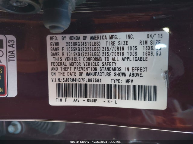 Honda CR-V LX 2015 5J6RM4H37FL067584 Image 9