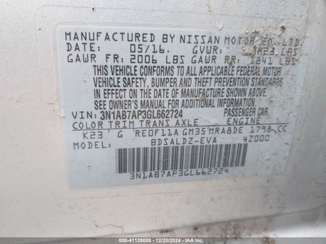 3N1AB7AP3GL662724 Nissan Sentra Fe+ S/s/sl/sr/sv