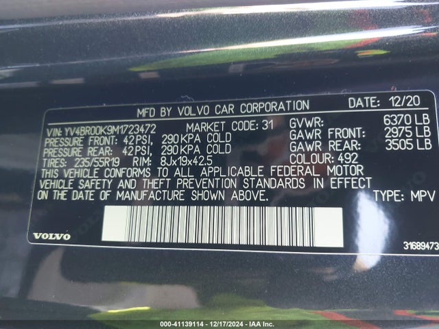 YV4BR00K9M1723472 Volvo Xc90 Recharge Plug-in Hybrid T8 Inscription 6 Passenger