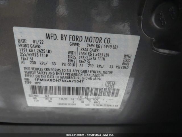 1FMSK8DH7NGA75547 Ford EXPLORER XLT