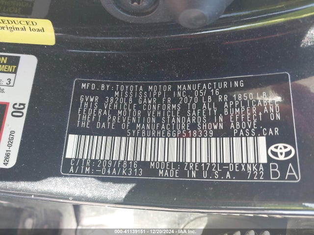 5YFBURHE6GP518339 Toyota COROLLA LE