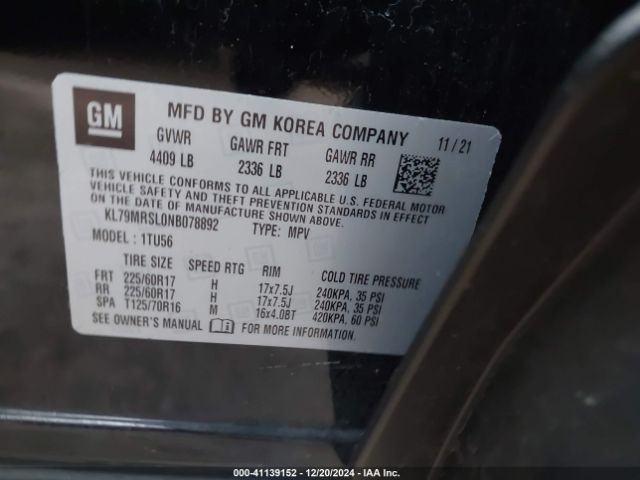 KL79MRSL0NB078892 Chevrolet Trailblazer Awd Lt