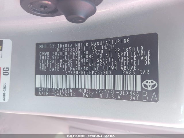 Toyota COROLLA LE 2015 5YFBURHE3FP232303 Image 9