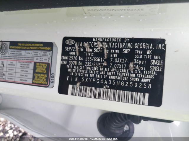 5XYPG4A35HG259258 KIA Sorento 2.4l Lx