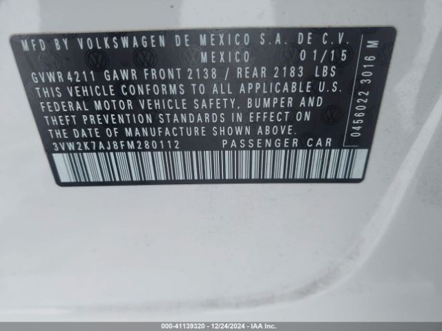 3VW2K7AJ8FM280112 Volkswagen Jetta 2.0l S