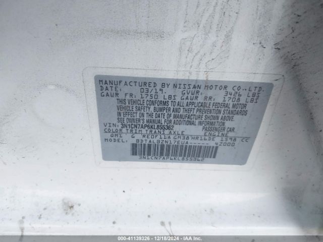 3N1CN7AP6KL855362 Nissan Versa 1.6 Sv