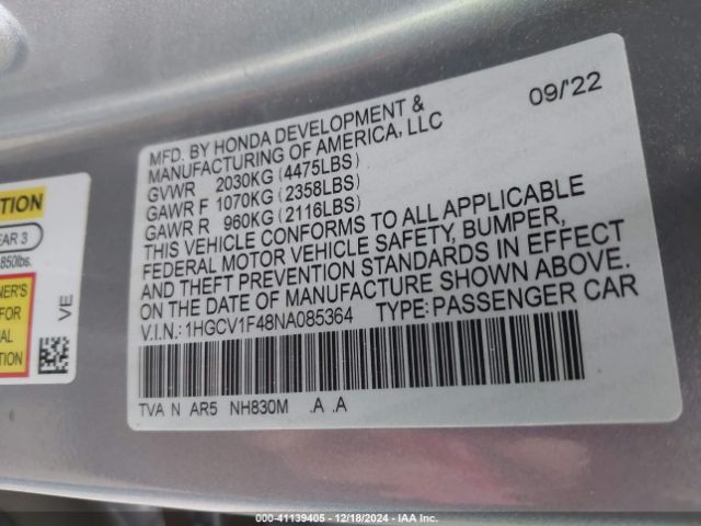 1HGCV1F48NA085364 Honda Accord Sport Se