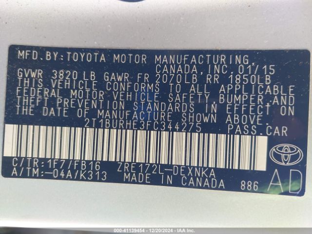 2T1BURHE3FC344275 Toyota COROLLA LE