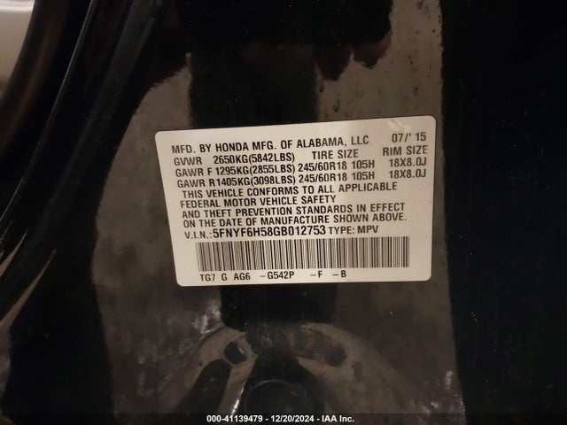 5FNYF6H58GB012753 Honda Pilot Ex-l
