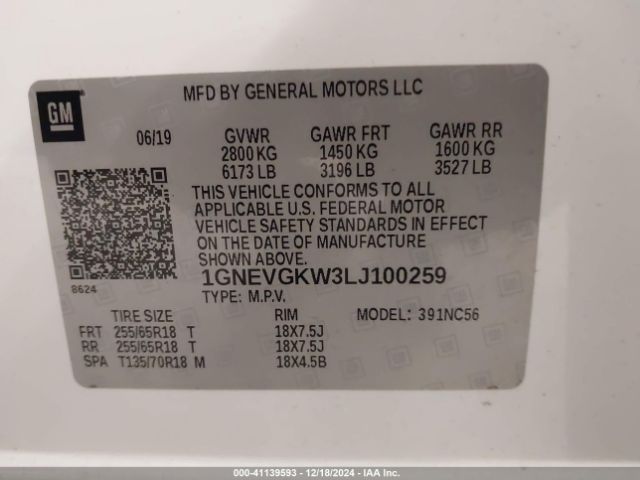 1GNEVGKW3LJ100259 Chevrolet Traverse Awd Lt Cloth