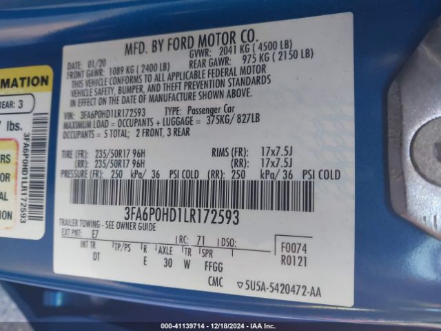 3FA6P0HD1LR172593 Ford FUSION SE