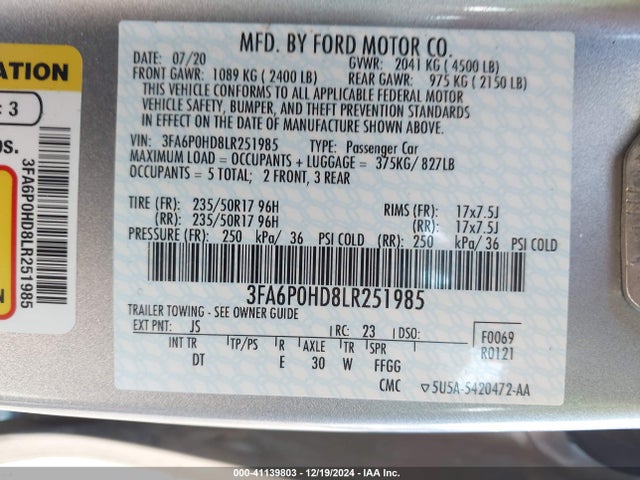 Ford FUSION SE 2020 3FA6P0HD8LR251985 Image 9