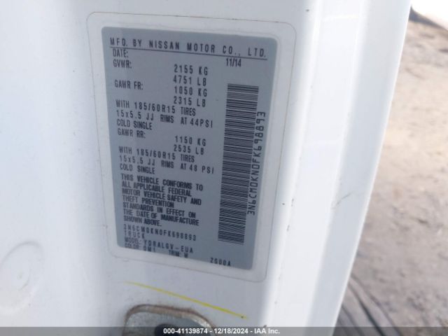 3N6CM0KN0FK698893 Nissan NV200 SV