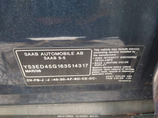 2006 SAAB 9-5 YS3ED45G163514317 Photo 8