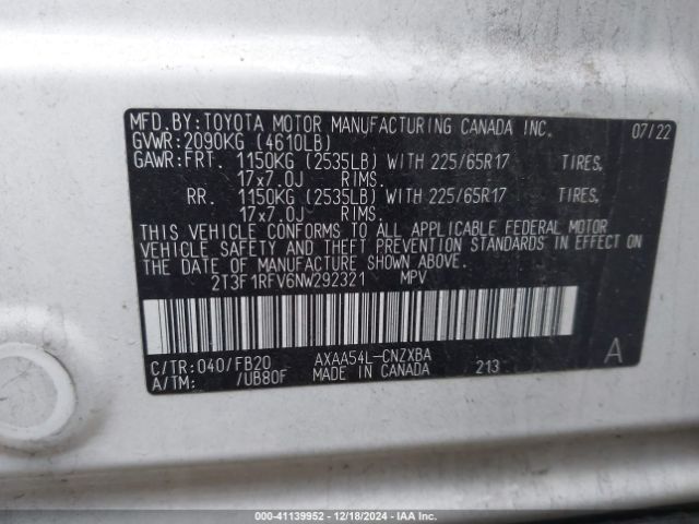2T3F1RFV6NW292321 Toyota a25a-fks