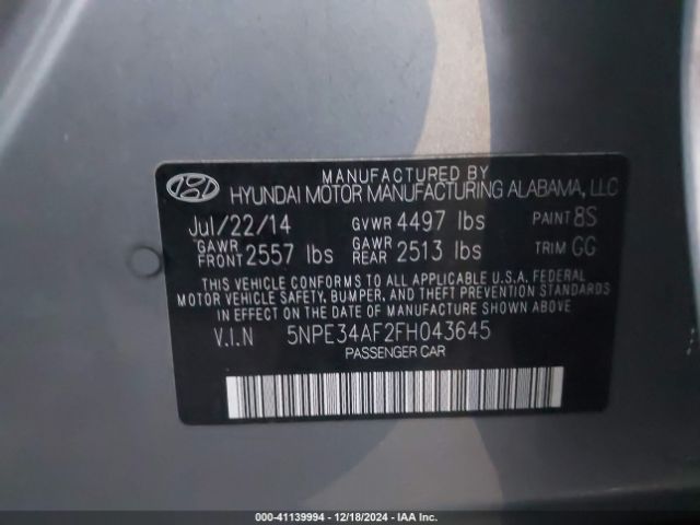 5NPE34AF2FH043645 Hyundai Sonata Limited