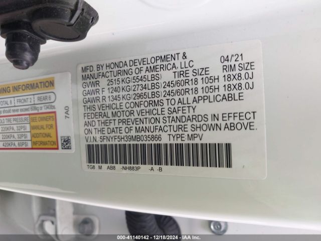 5FNYF5H39MB035866 Honda Pilot 2wd Ex