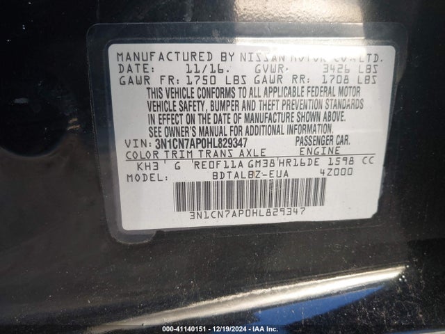 3N1CN7AP0HL829347 Nissan Versa 1.6 Sv