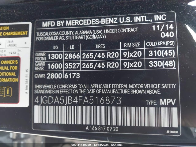 Mercedes-Benz ML 350 2015 4JGDA5JB4FA516873 Image 9