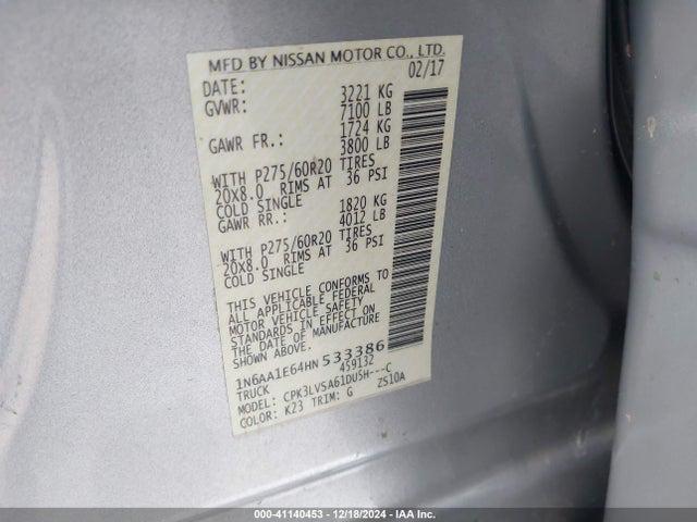Nissan Titan Sl 2017 1N6AA1E64HN533386 Image 9