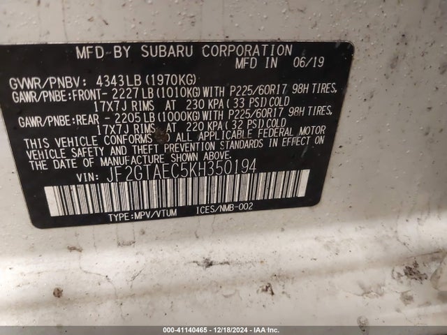 Subaru Crosstrek 2.0i Premium 2019 JF2GTAEC5KH350194 Image 9