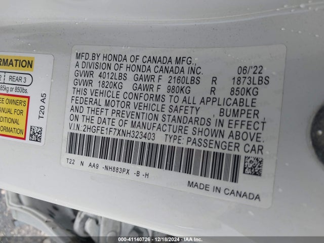 Honda CIVIC EX 2022 2HGFE1F7XNH323403 Image 9