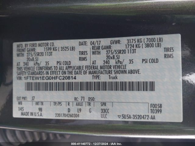 1FTEW1EG0HFC20814 Ford F-150 Platinum