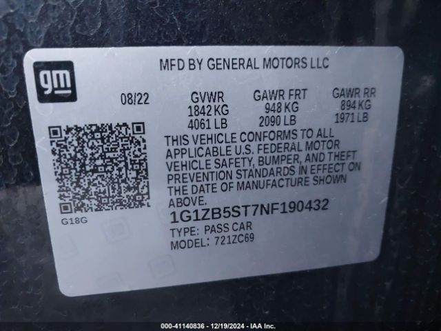 1G1ZB5ST7NF190432 Chevrolet Malibu Fwd Ls