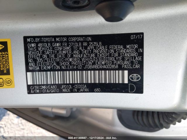 JTDBVRBDXHA002858 Toyota Mirai