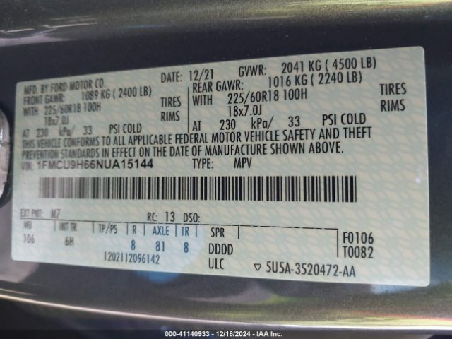 1FMCU9H66NUA15144 Ford ESCAPE SEL